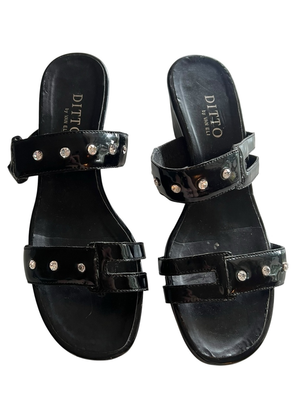 Ditto by Van Eli Women's Size 8 Heeled Sandals Black Patent Rhinestones Straps
